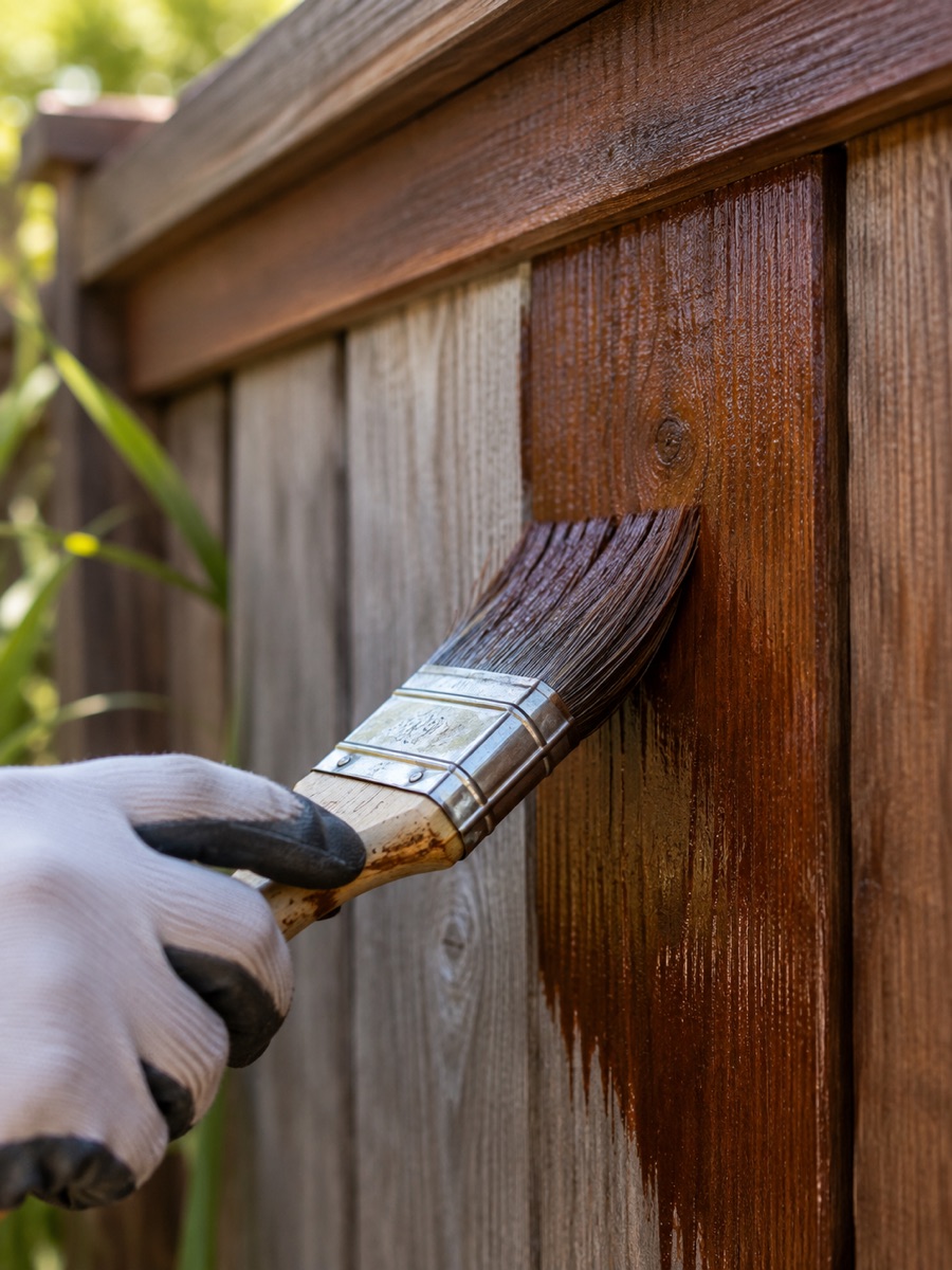 Stain brush on fence board during fence staining in Burbank CA