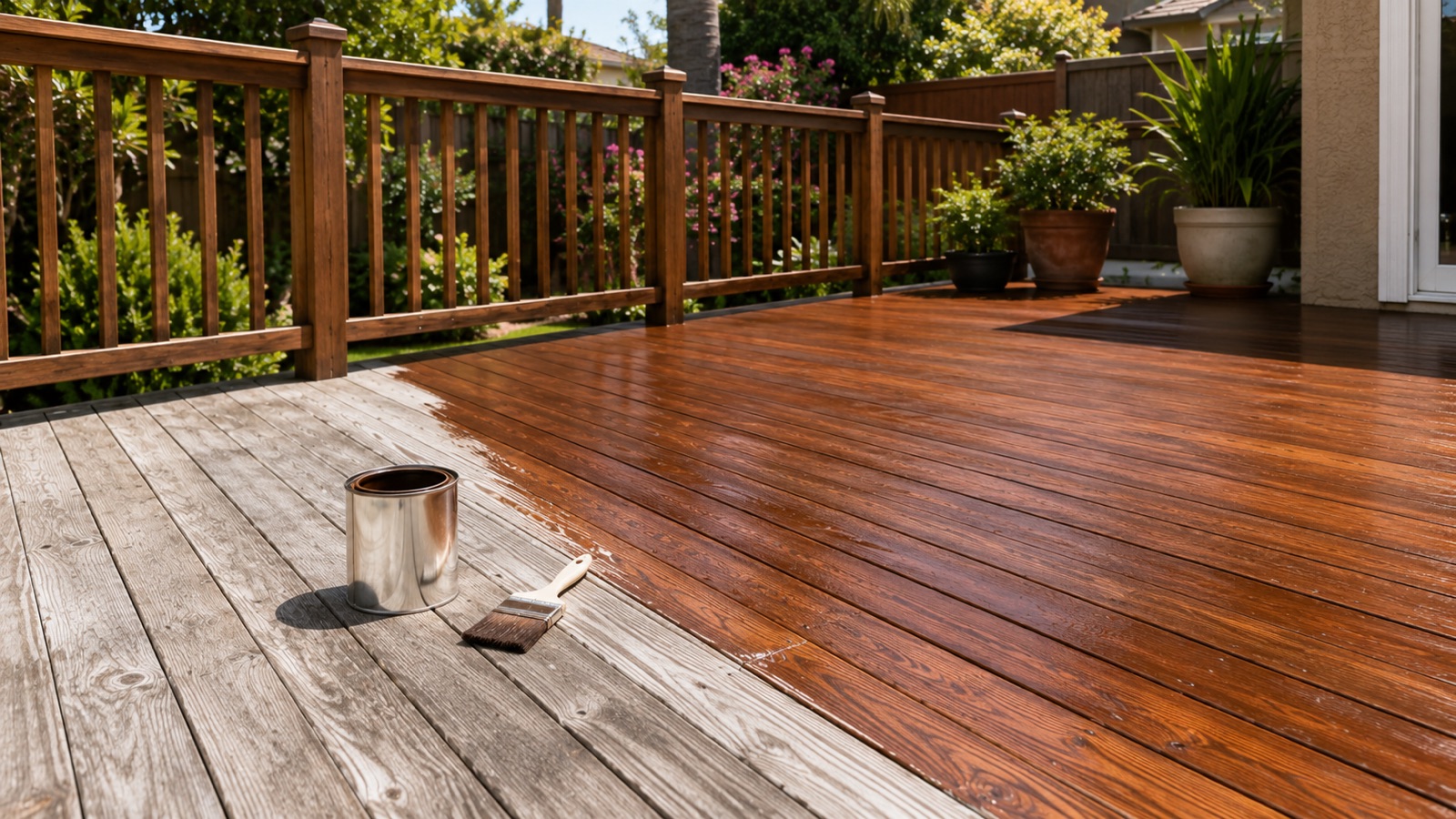 Wood deck mid stain during deck staining in Burbank CA