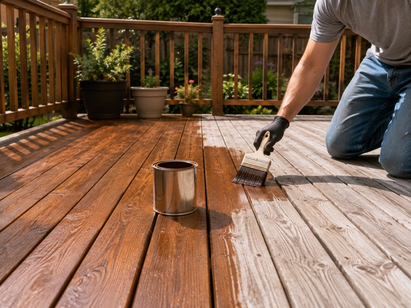 Wood deck staining in progress in Burbank CA