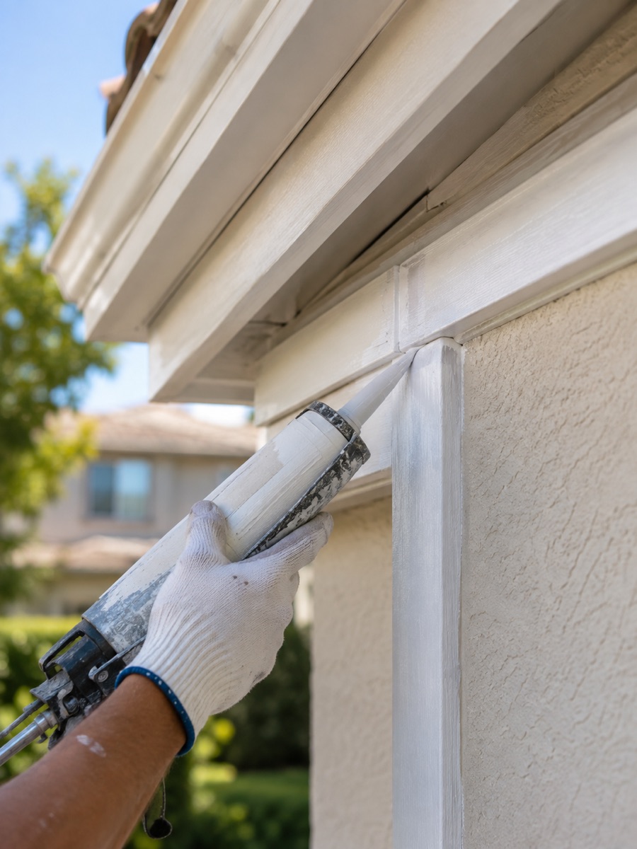 Exterior trim being caulked and primed before exterior painting in Burbank CA
