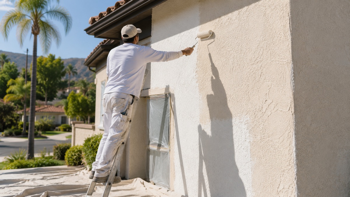 House painter rolling exterior stucco wall in Burbank CA