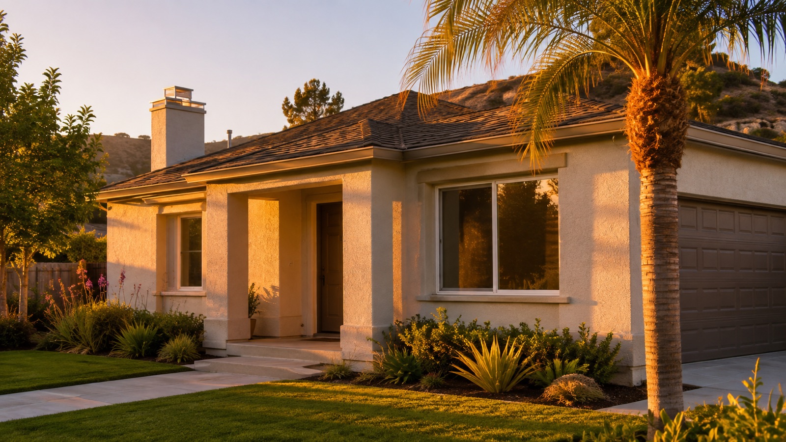 Freshly painted stucco home exterior in Burbank CA at golden hour