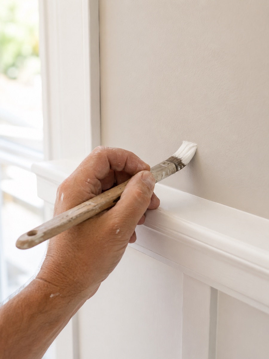 Painter cutting in trim line during interior painting in Burbank CA